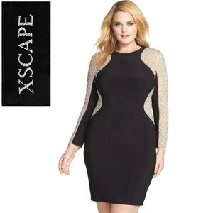 Xscape Black & Gold Caviar Bead Dress | Long Sleeve | Elegant Evening Wear| 14